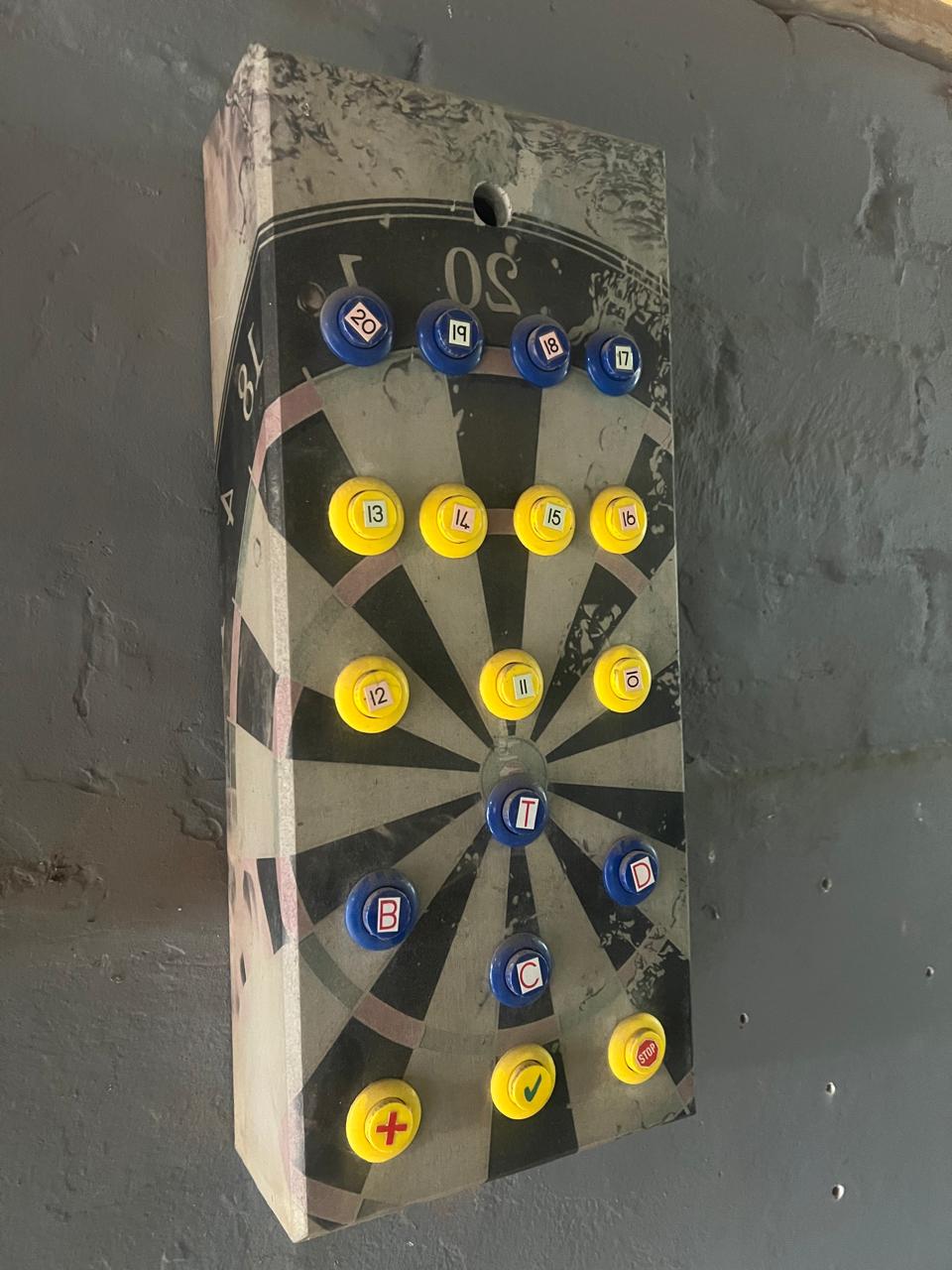 The second DartArcade prototype with a decoupage dartboard design and arcade buttons