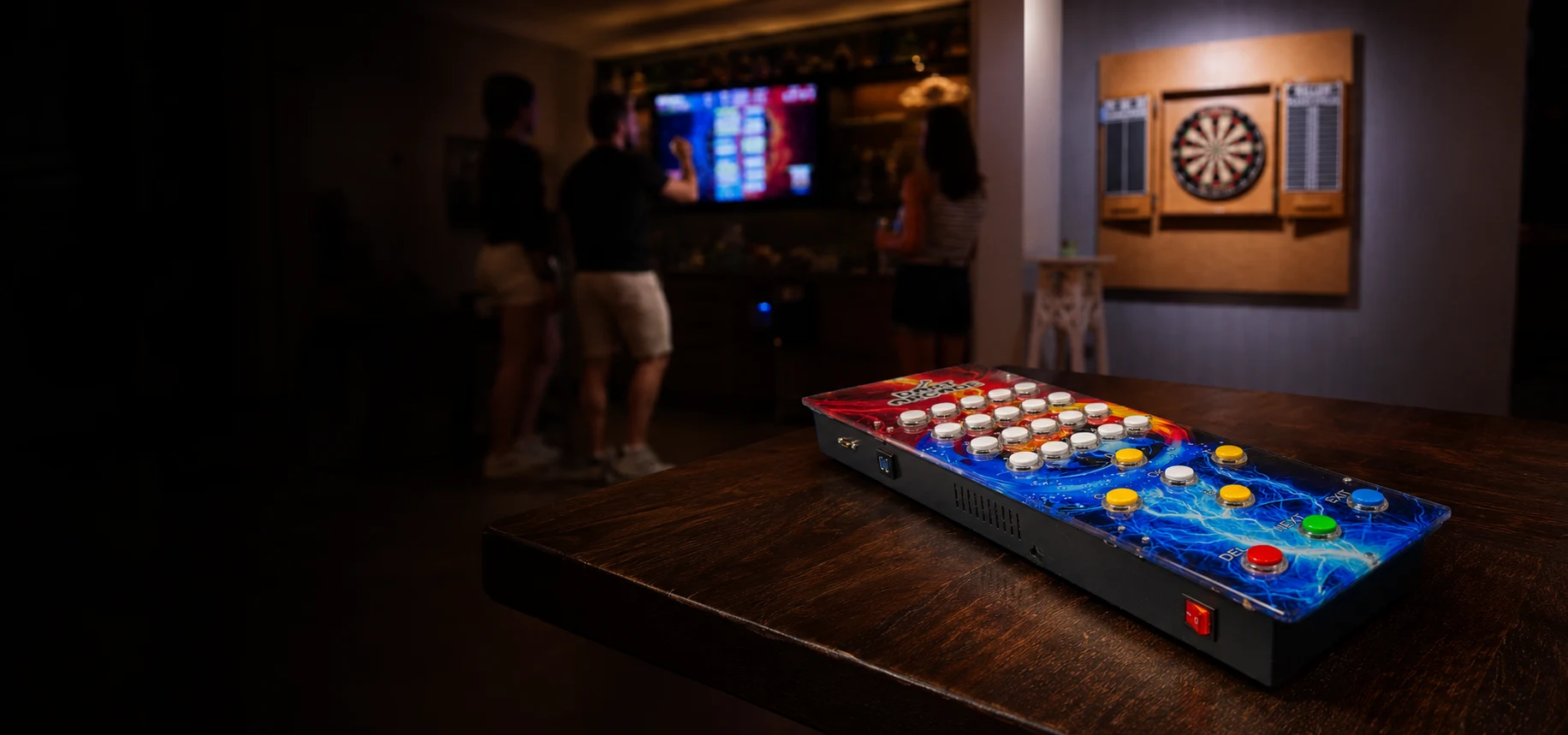 Dartboard, DartArcade physical console and TV display in a social darts space