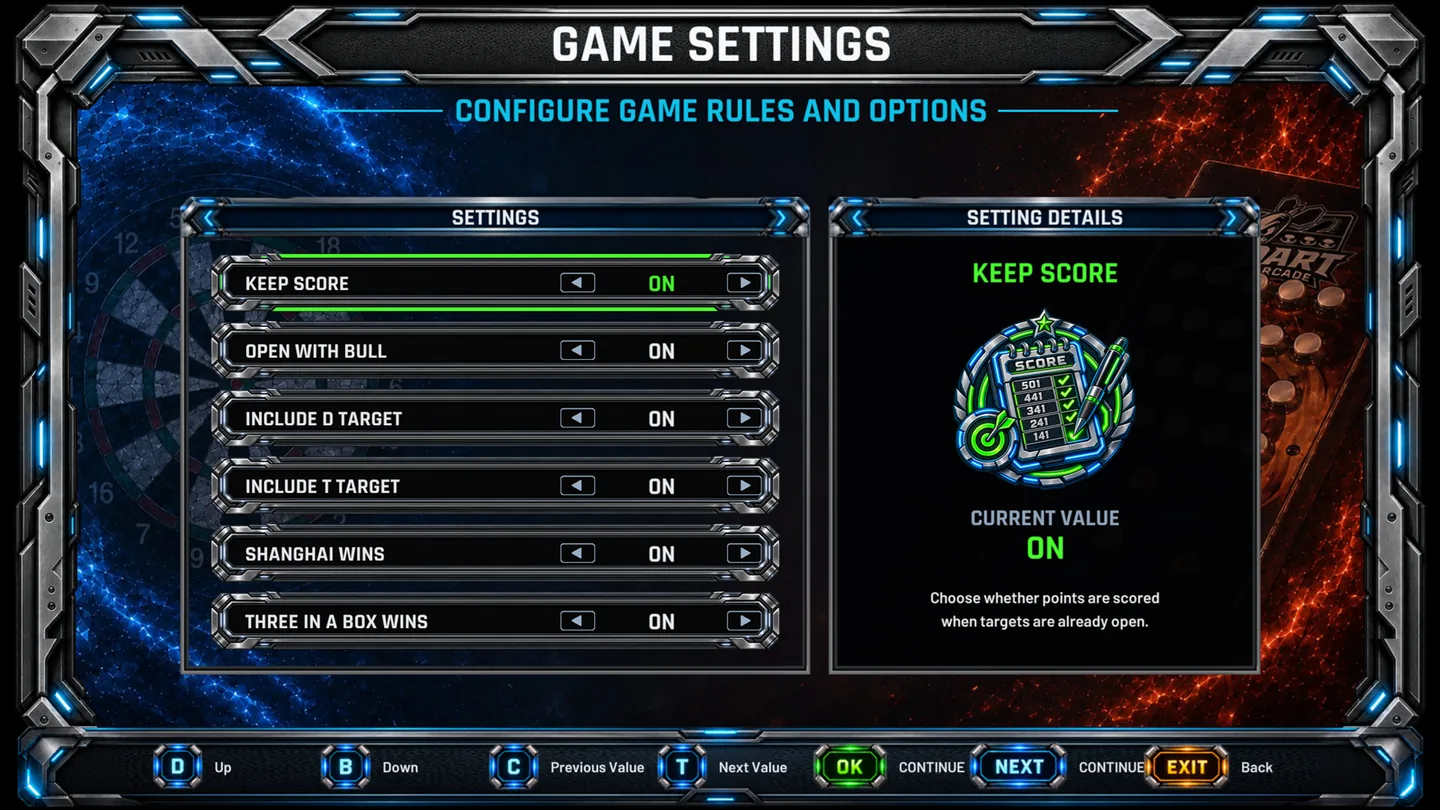 Killer game settings on the DartArcade display