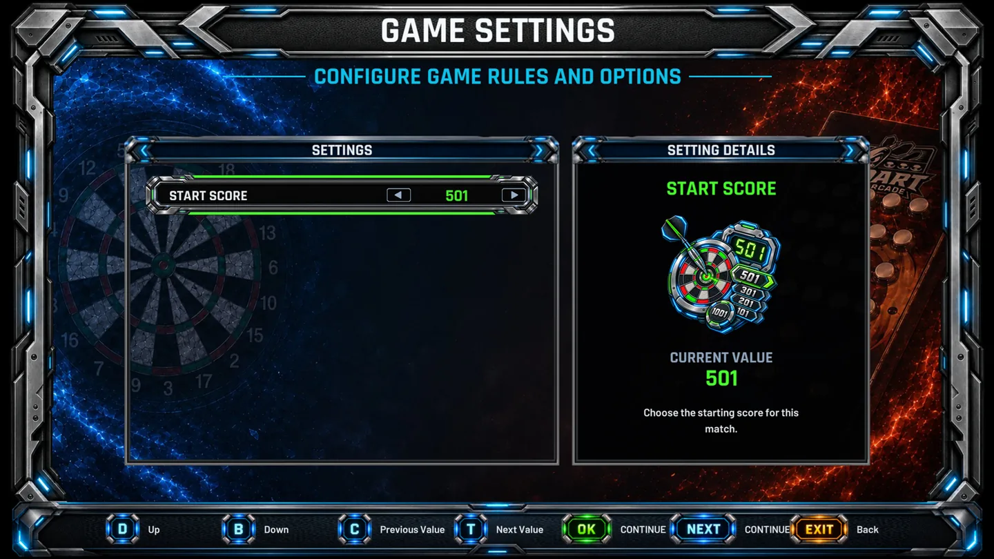 OhOne game settings on the DartArcade display