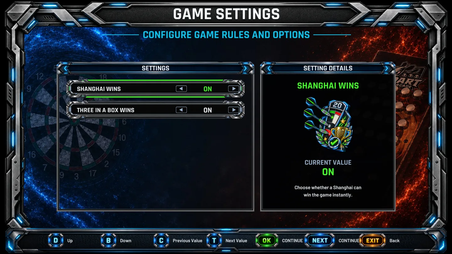 TicTacToe game settings on the DartArcade display