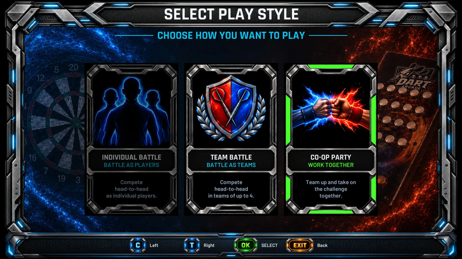 DartArcade GameV4 play style screen with Co-op selected