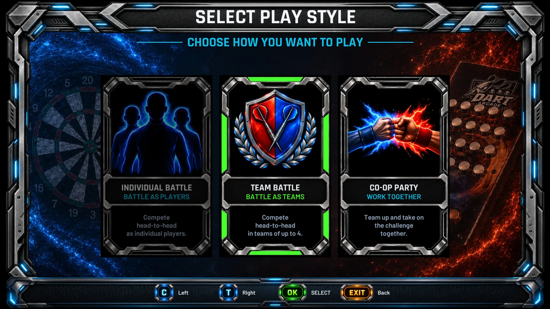 DartArcade GameV4 play style screen with Team Battle selected