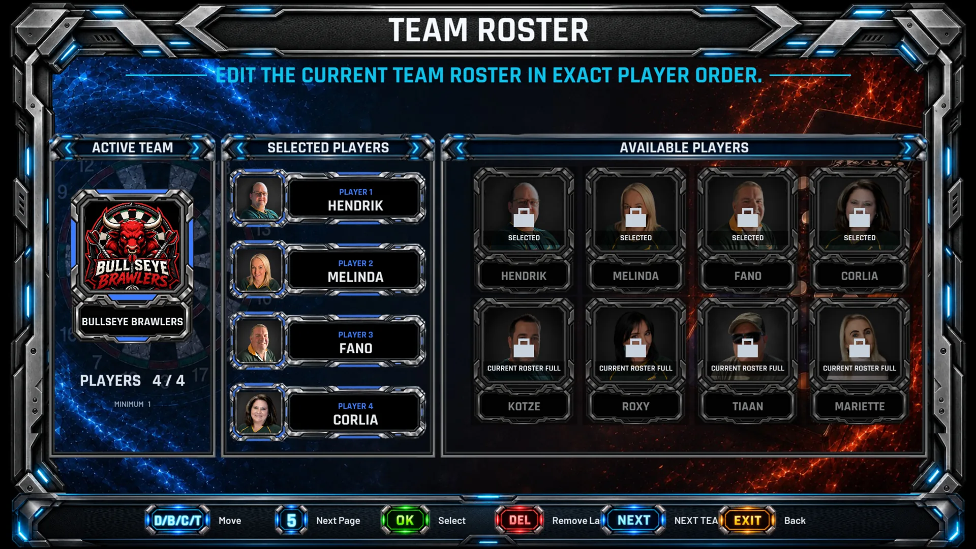 DartArcade GameV4 team roster with four players selected