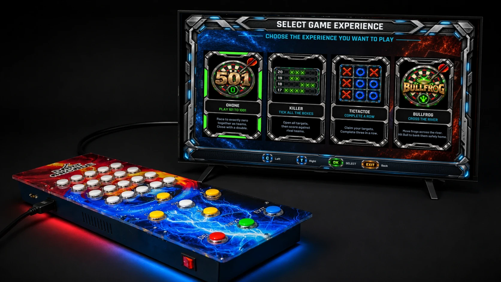 DartArcade console connected to a TV showing the current GameV4 game experience screen