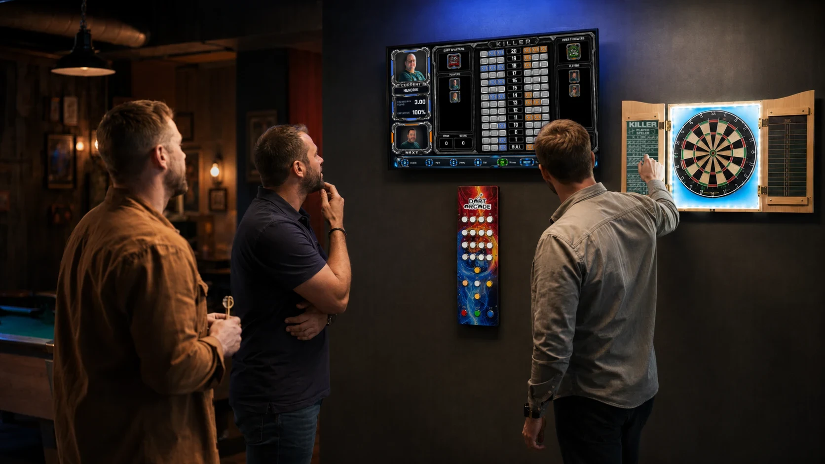 Players at a dartboard with the DartArcade console and TV display visible in the room