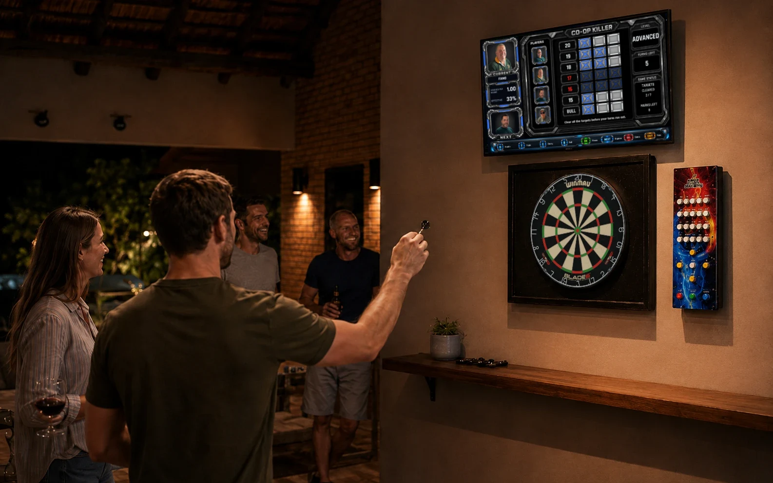 DartArcade home darts setup with TV scoreboard
