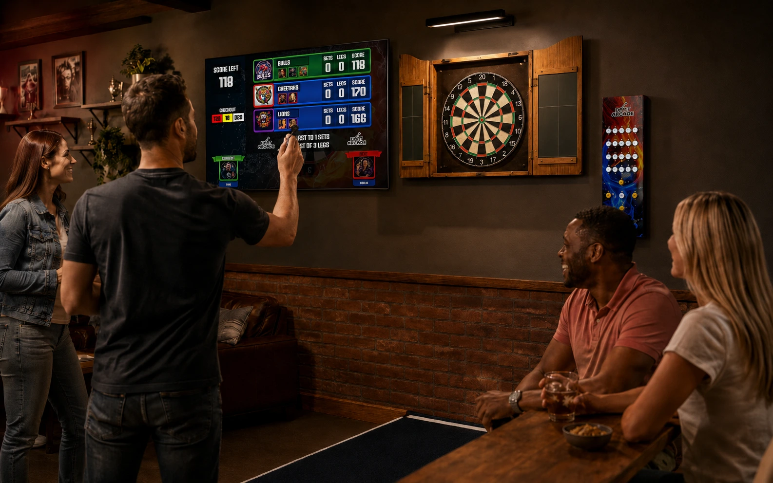 DartArcade pub darts setup with players and spectators