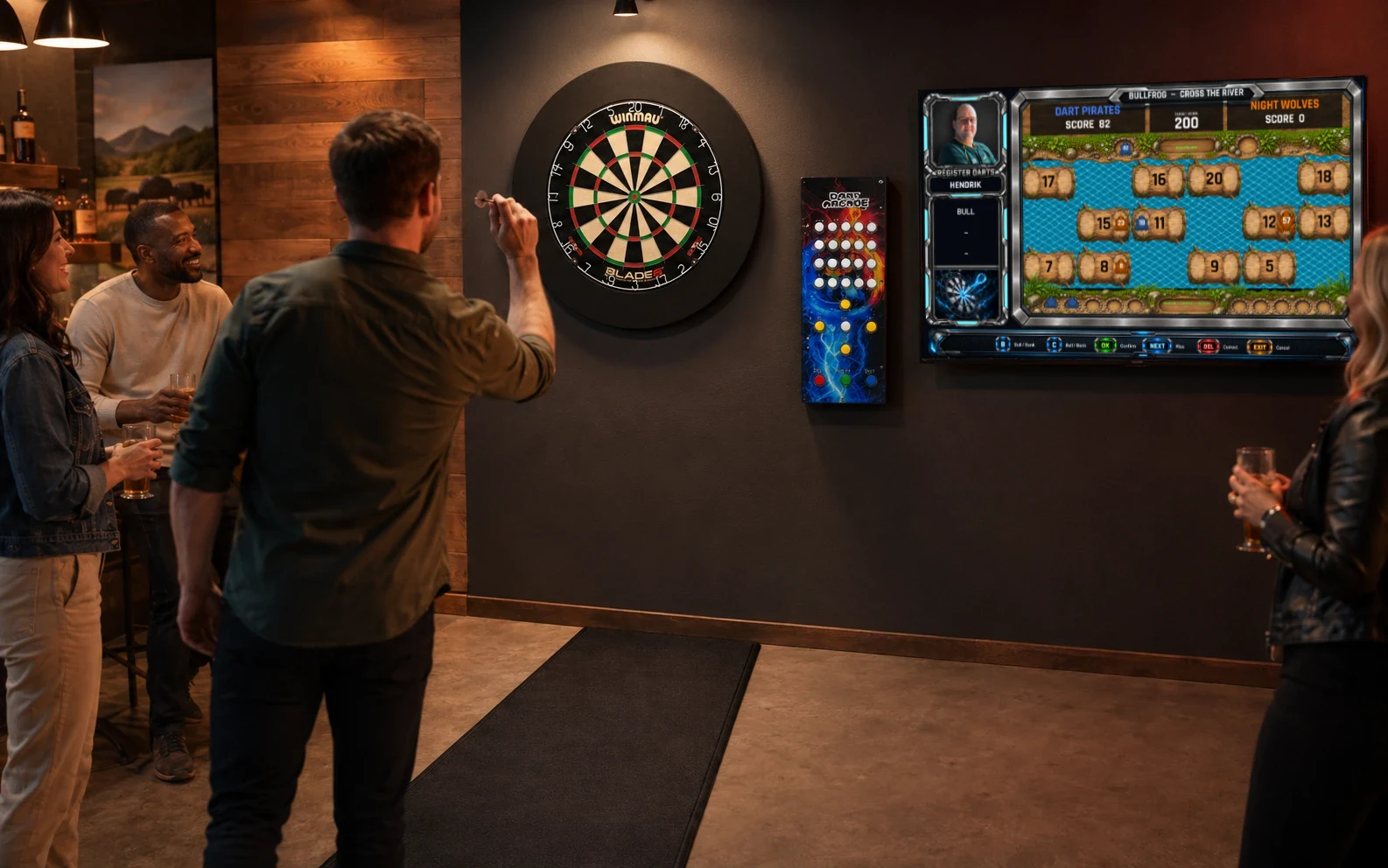 DartArcade venue darts setup with visible TV display