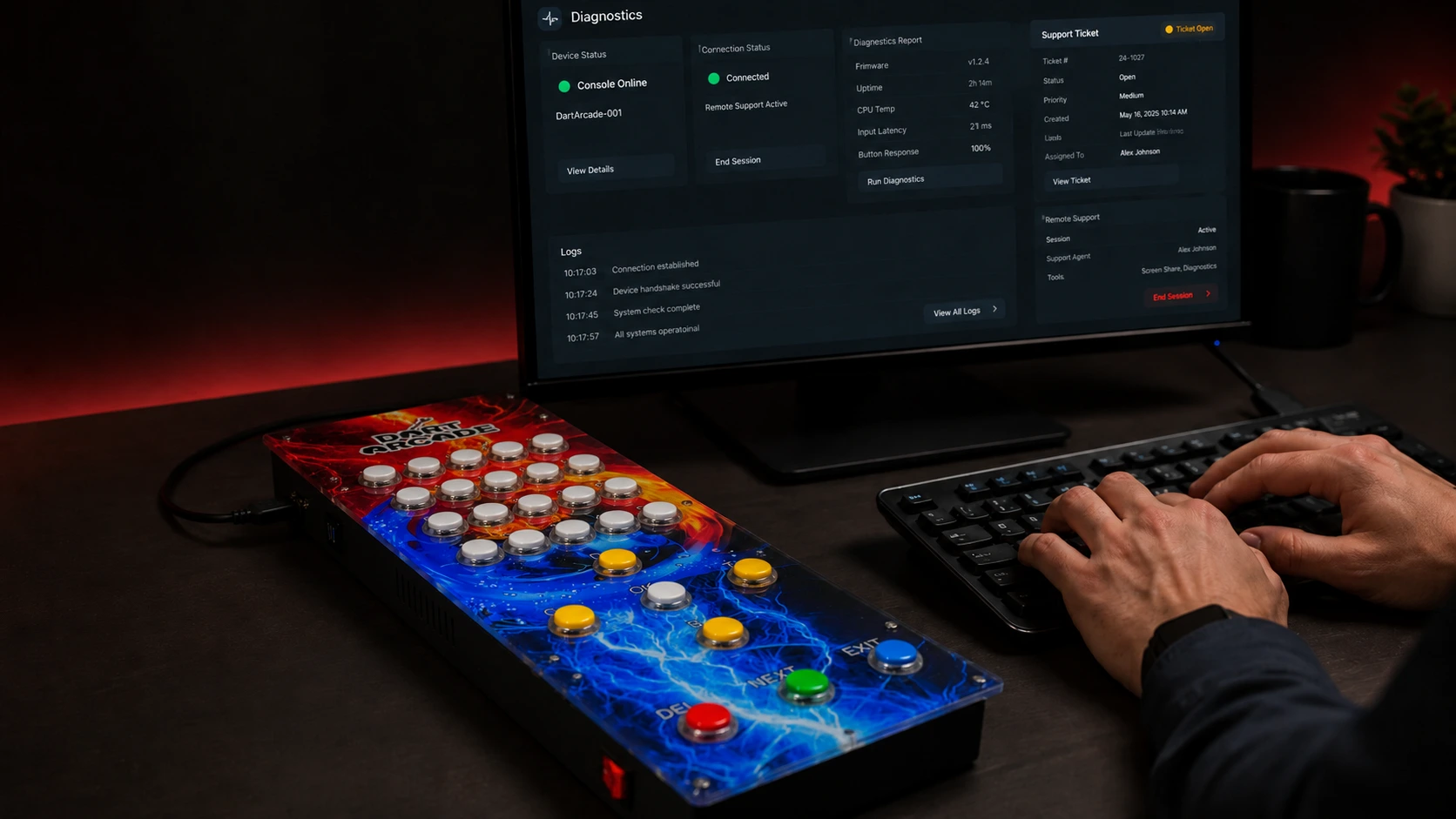 DartArcade console connected to a diagnostics screen for support